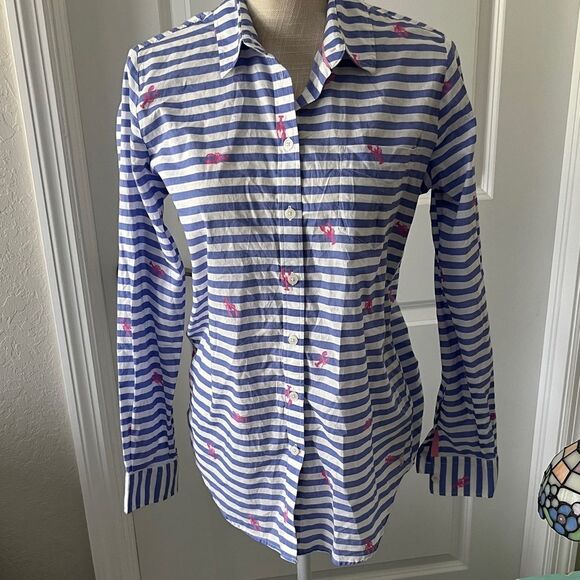 Joules Lucie Blue and White Striped Blouse with Pink Lobsters Button up US SZ 6 - Picture 1 of 8